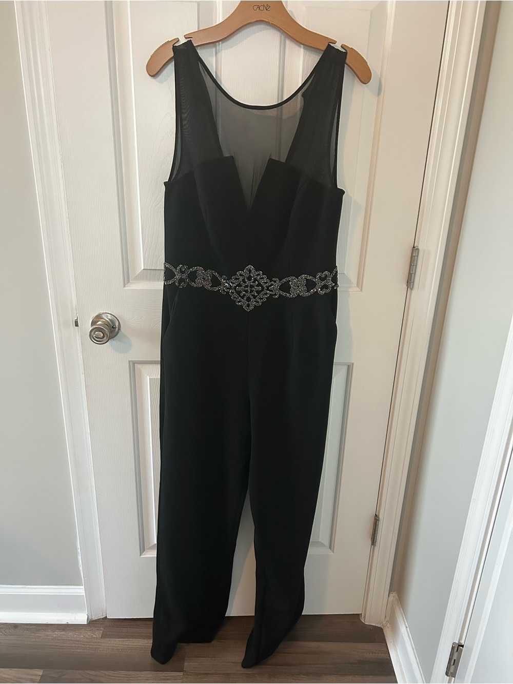 Cache Black Mesh Yoke Jumpsuit with Beaded Waist